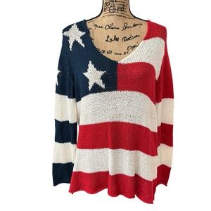 Wooden Ships American Flag Sweater V-Neck Long Sleeve Patriotic Knit Size S/M